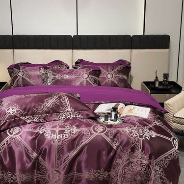 Luxury Purple Green Satin Jacquard Brushed Duvet Cover Set, Polyester 400TC Bedding Set
